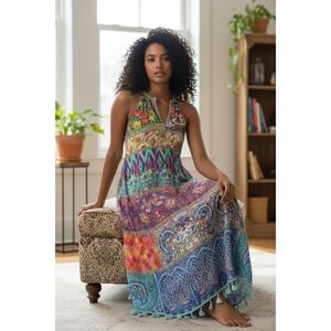 Lulalife Australia Patchwork Maxi Dress XS Floral Boho Tassel Halter Pocket Pool